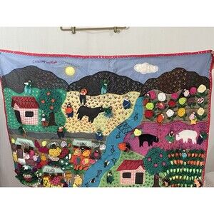 Vtg Peruvian Arpillera 3D Village/Farm Wall Art 29x40. Original Letter Attached